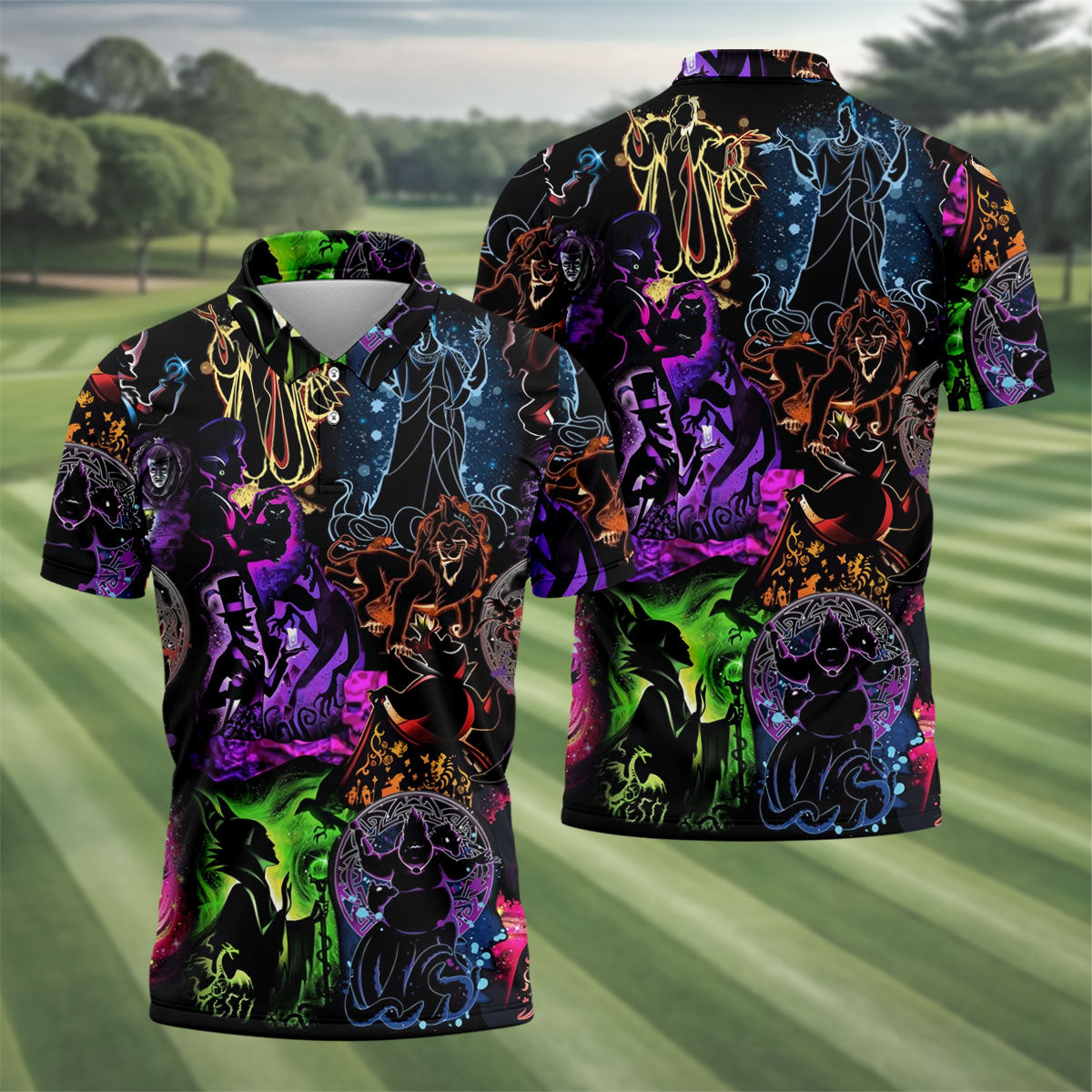 Neon Fantasy Villain Collage Halloween Polo Shirt, Men's Golf Shirt, Golf Apparel For Men