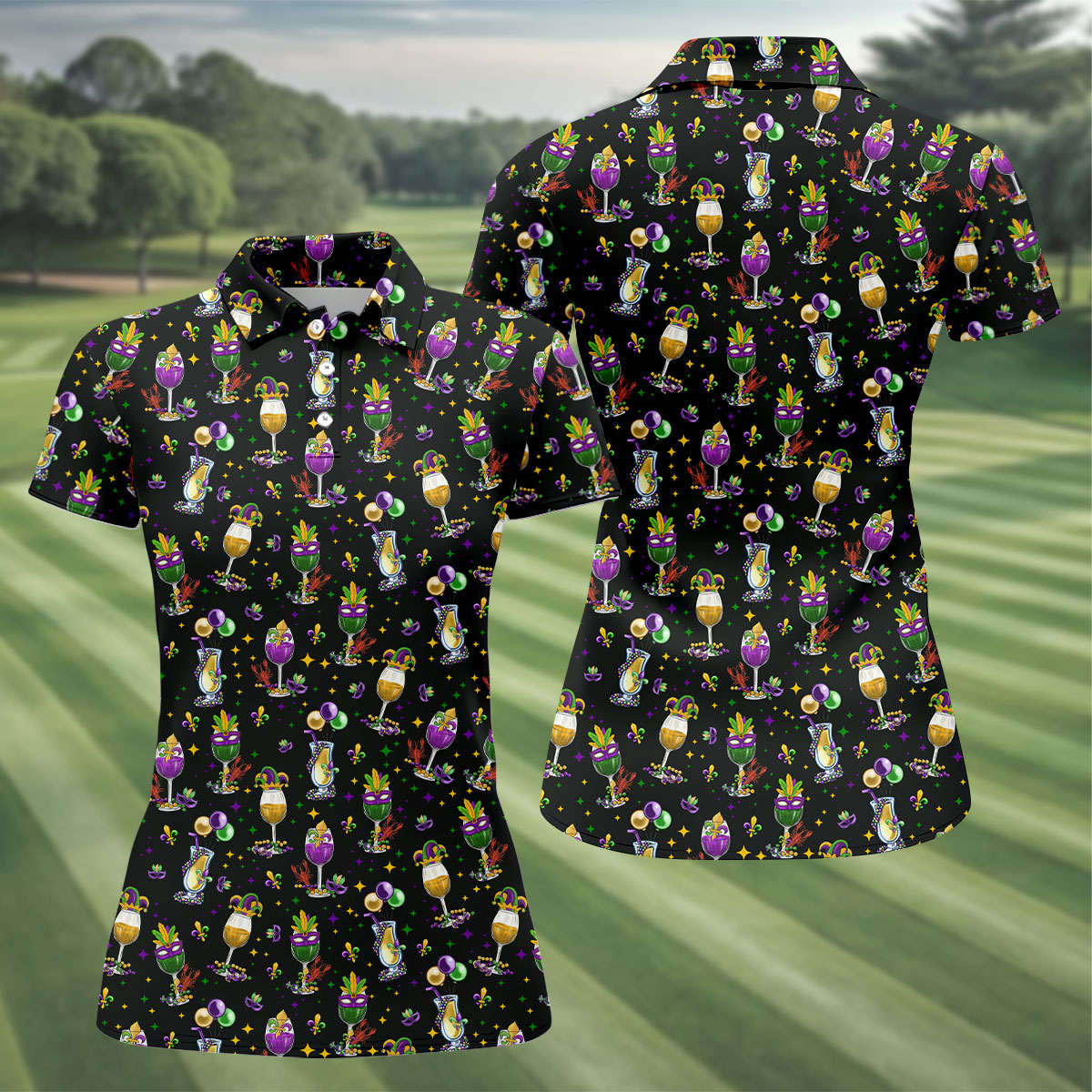 Mardi Gras Wine Glass Beaded Garland Fleur De Lis Black Golf Shirt, Women's Golf Tops, Ladies Golf Polos
