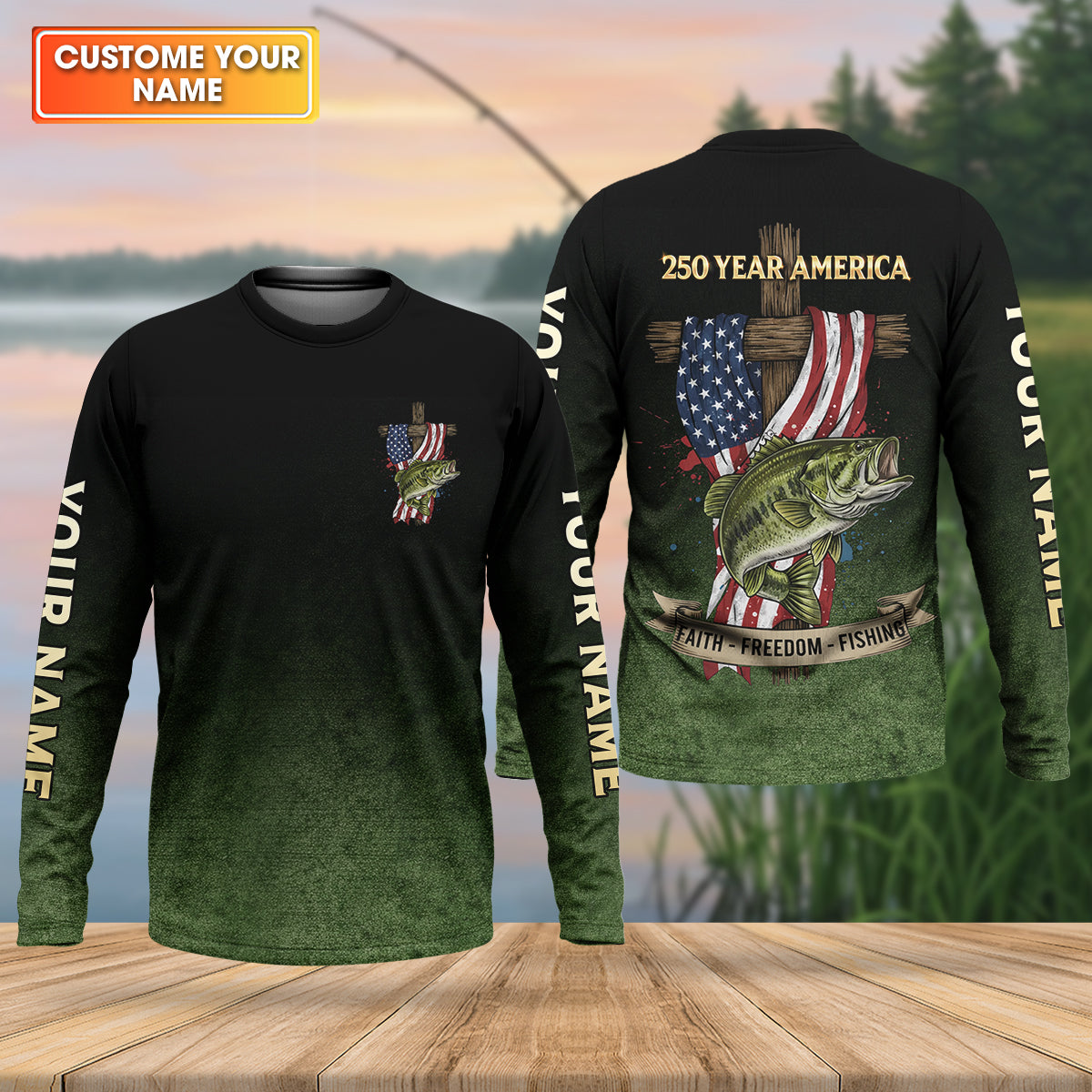 Faith Freedom Fishing Patriotic Fishing Shirt, Fishing UPF Shirts, 250th Anniversary Men's Fishing Shirt