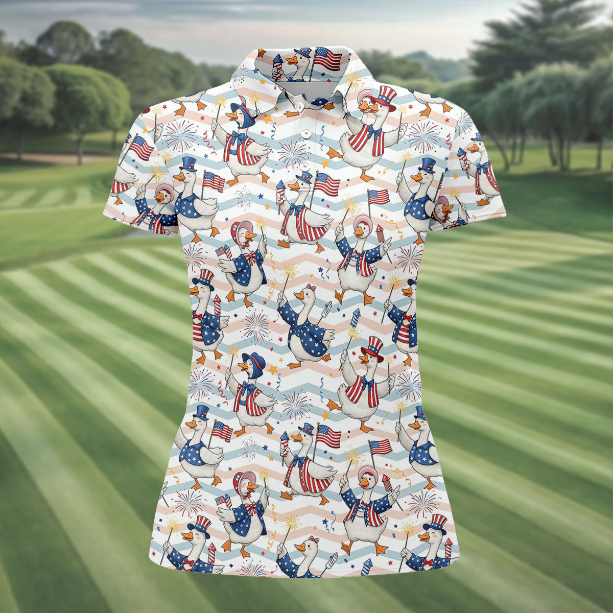 Patriotic Duck USA Flag Fireworks Polo Shirt, Womens Golf Polo, Golf Shirts For Women