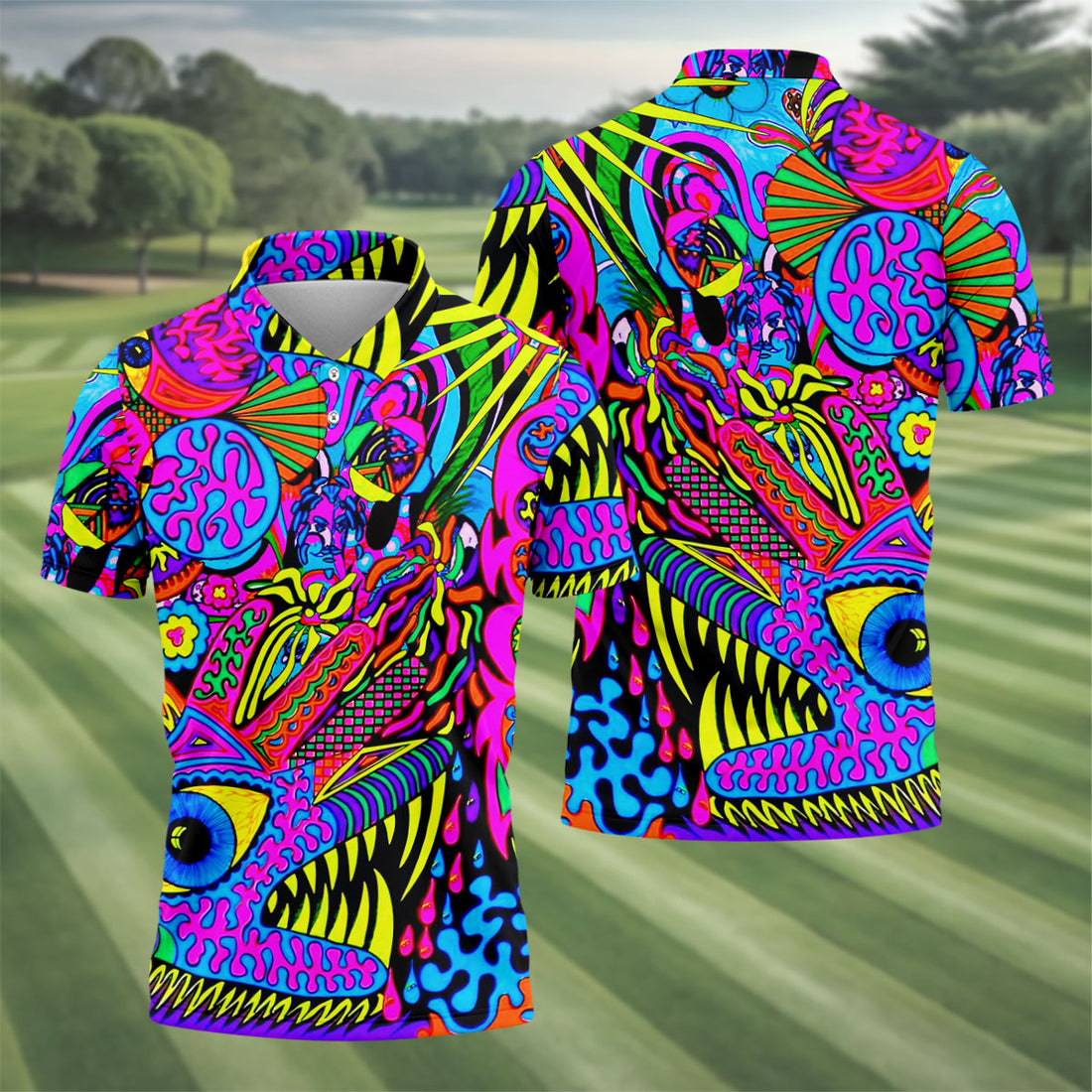Neon Psychedelic Abstract Eye Pattern Golf Shirt, Mens Golf Polo, Printed Golf Shirts, Golf Polo Shirts For Men