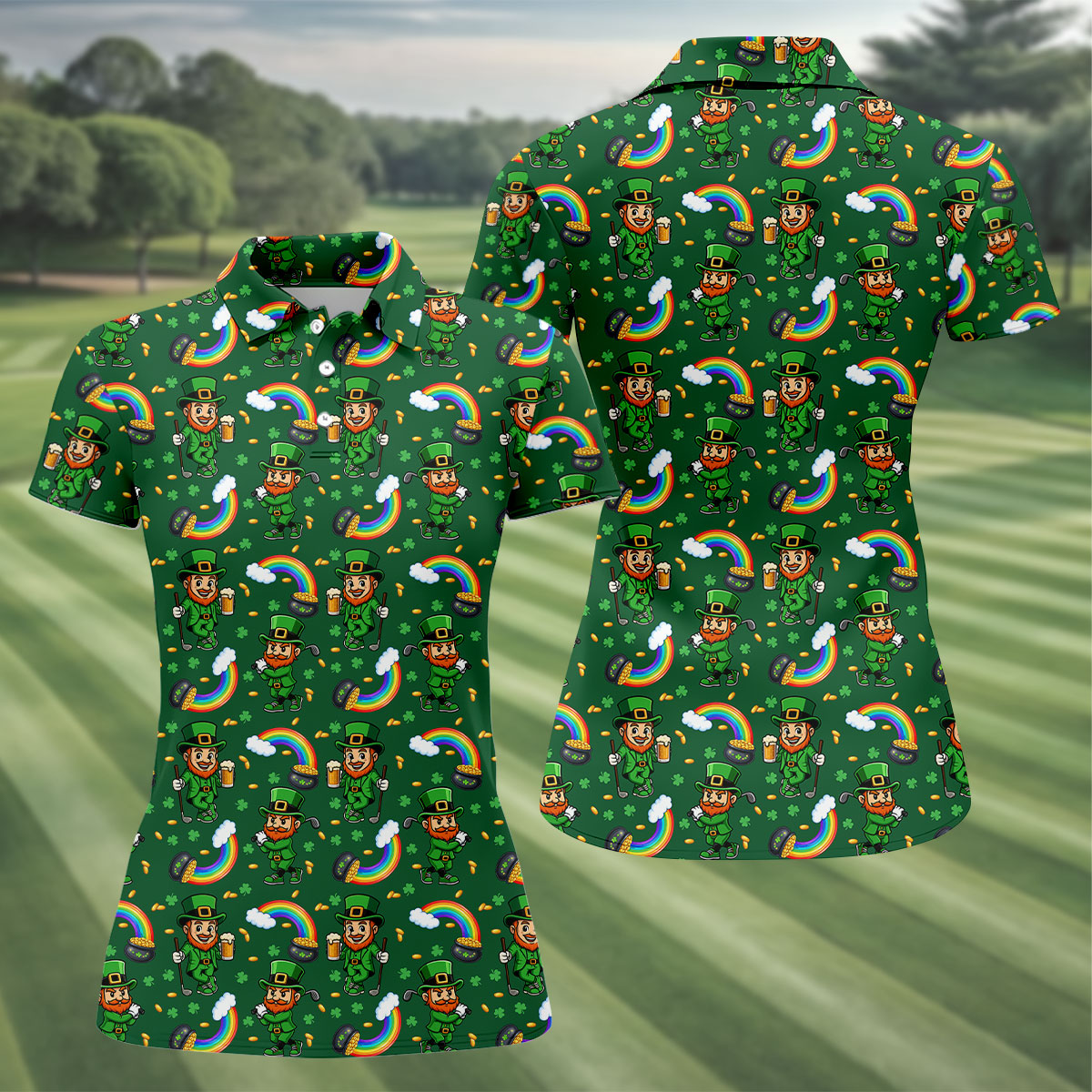 St Patrick's Day Leprechaun Golf Pose Rainbow Gold Pot Shamrock Golf Shirt, Women's Golf Shirts, Ladies Golf Polos