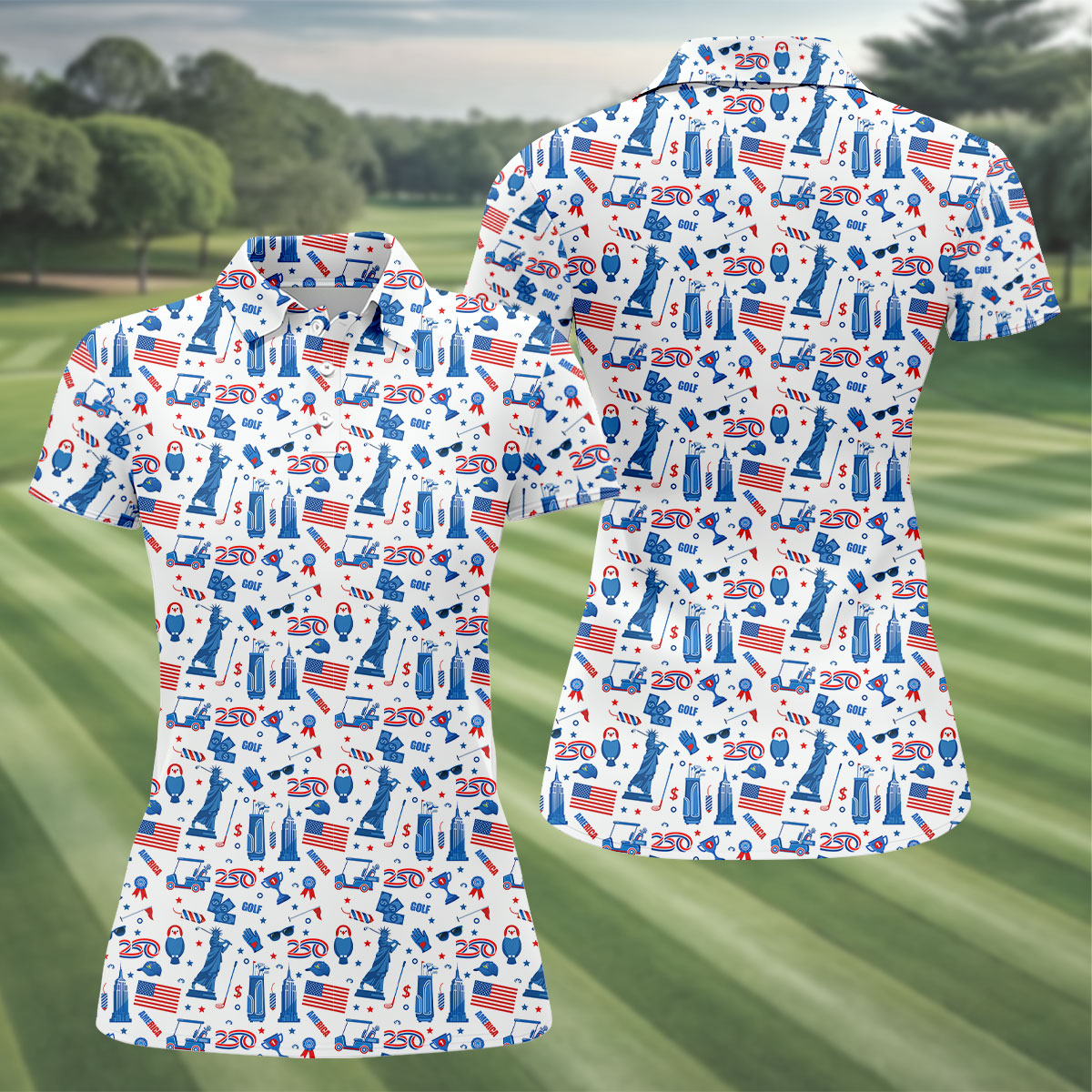 Funny Statue Of Liberty Golf Pose 4th Of July Red White Blue Women Golf Top, 250th Anniversary Patriotic Golf Shirt