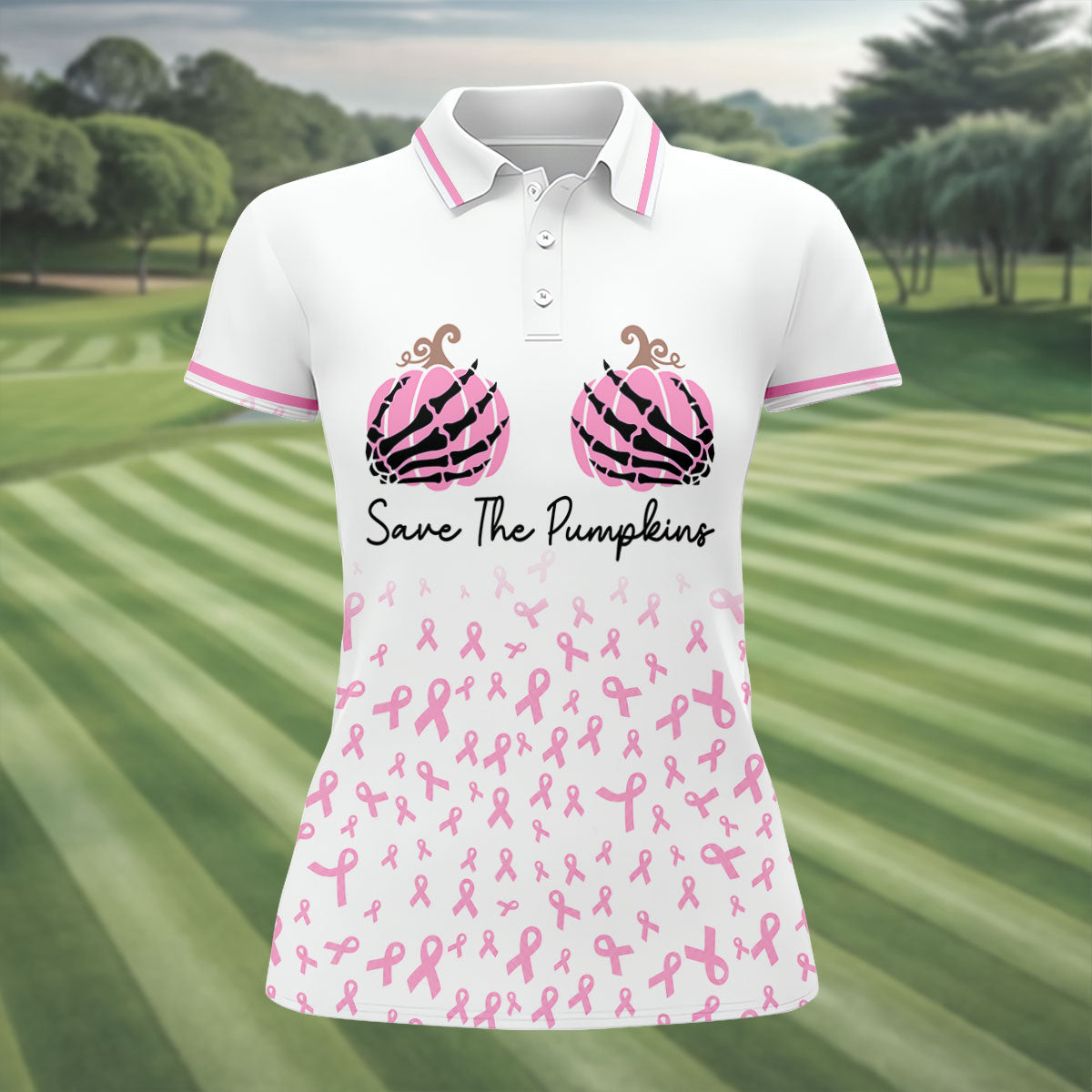 Save The Pumpkins Breast Cancer Polo Shirt, Golf Tops For Women, Women’s Golf Apparel