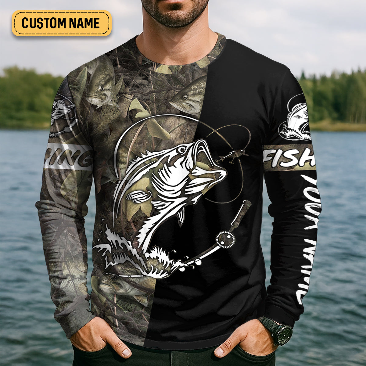 Camo Black Fishing UPF Shirts, Camouflage Fishing Shirts, Fishing Gifts For Men, Men's Fishing Shirt
