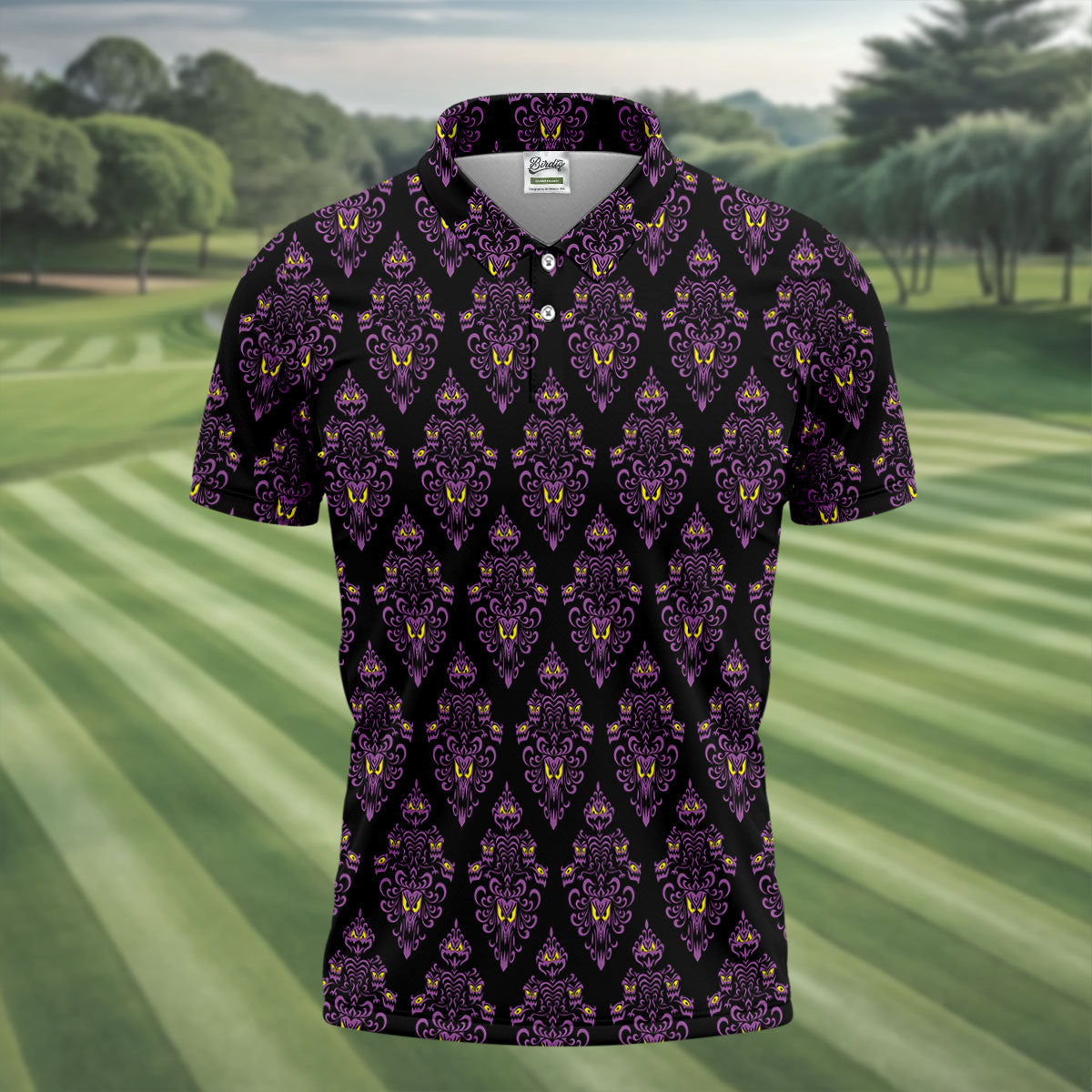 Purple Haunted Demon Faces Halloween Polo Shirt, Printed Golf Shirts, Golf Apparel For Men