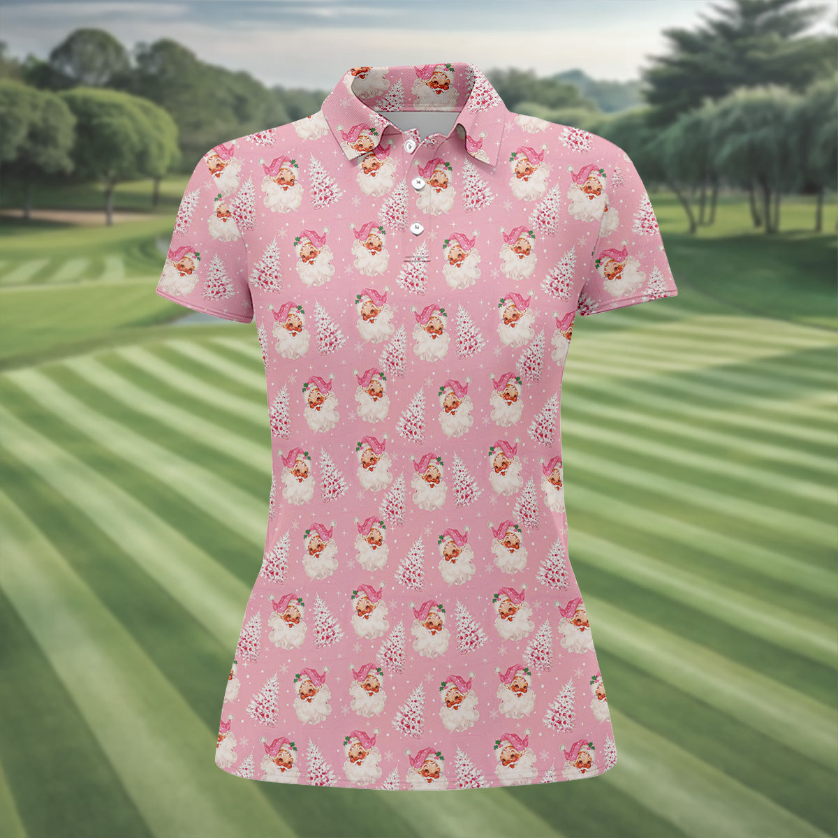 Pink Xmas Tree Santa Claus Pattern Christmas Golf Shirt, Women's Golf Tops, Golf Gift For Ladies