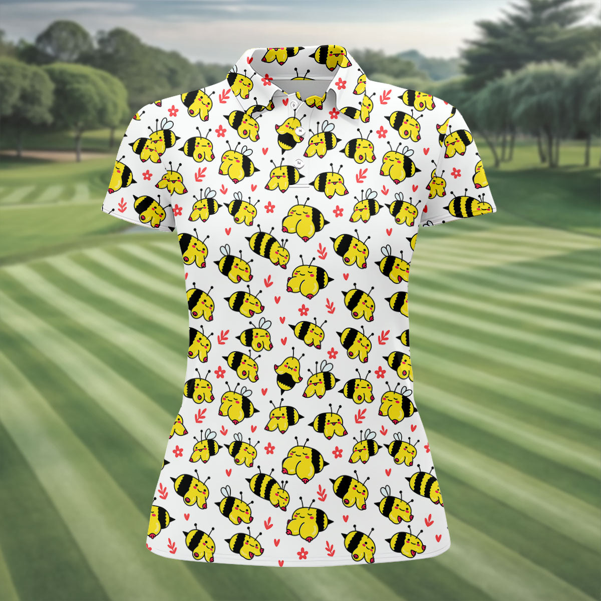 Funny Bee Breast Cancer Pattern Polo Shirt, Women’s Golf Polo, Golf Shirts For Women
