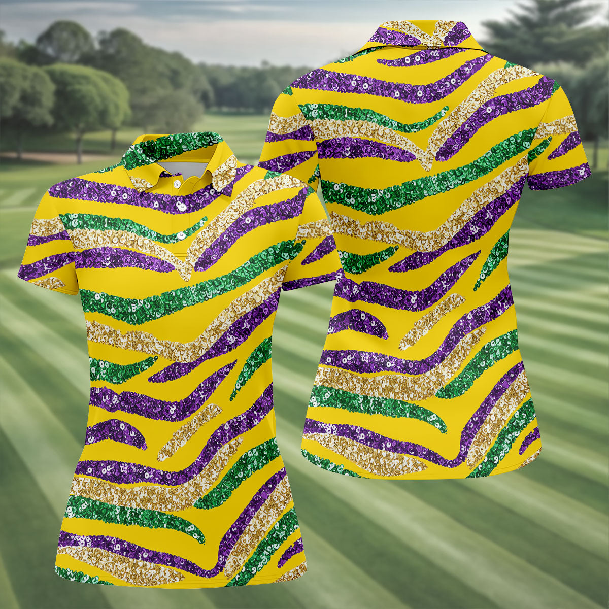 Purple Green Gold Sequin Pattern Yellow Golf Shirt, Mardi Gras Golf Shirt, Women's Golf Tops, Ladies Golf Shirts