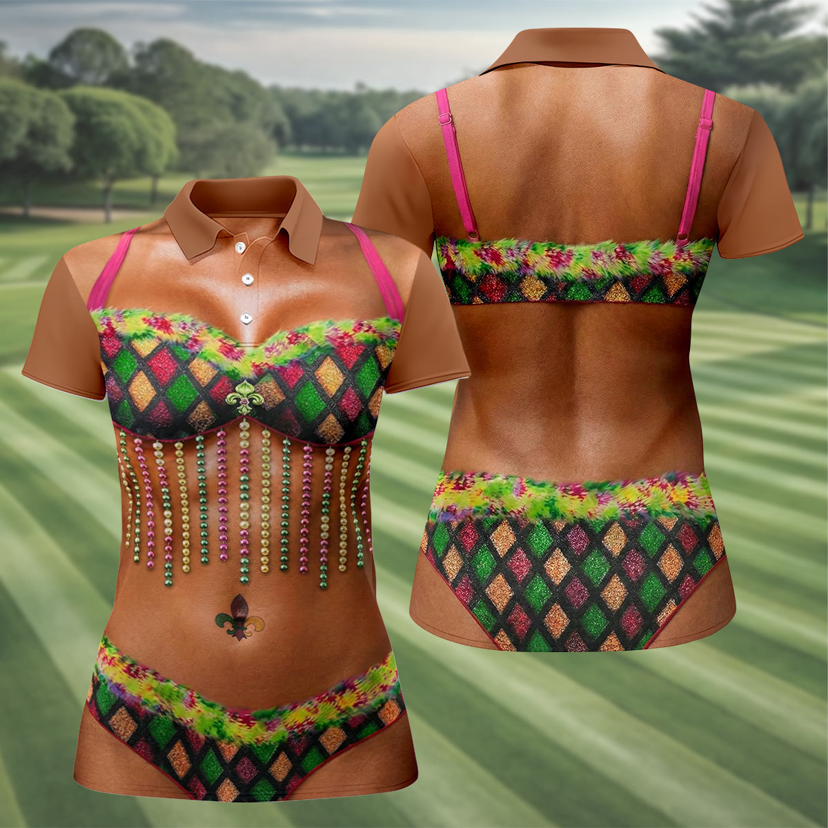 Muscle Body Funny Print Mardi Gras Golf Shirt, Fun Women's Golf Shirts, Women's Golf Tops, Ladies Golf Polos