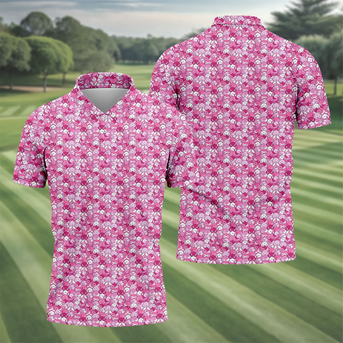Pink Breast Cancer Hearts And Ribbons Polo Shirt, Golf Shirts For Men, Mens Golf Polo