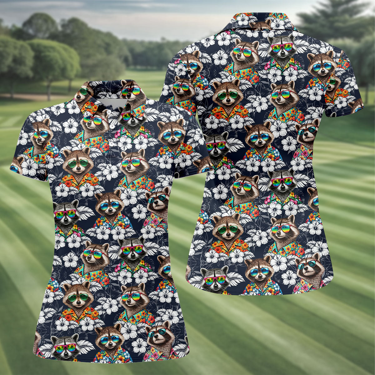 Cool Raccoons in Rainbow Sunglasses Hawaiian Golf Polo, Golf Tops For Women, Golfing Apparel