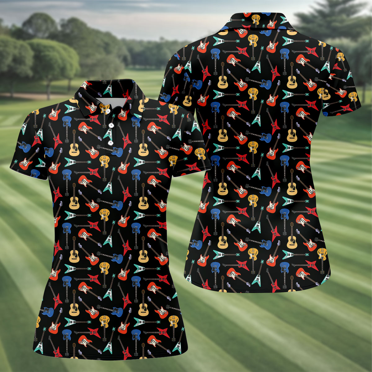 Electric Guitar Pattern Black Golf Shirt, Women’s Golf Polo, Golf Shirts For Women, Printed Golf Shirt