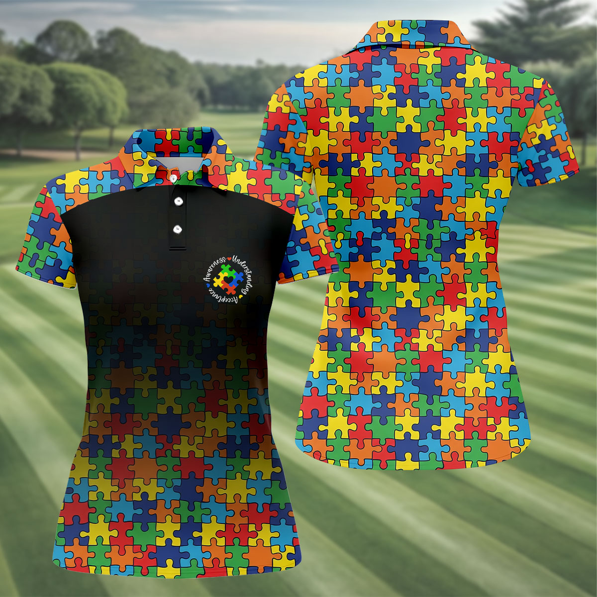 Acceptance Awareness Understanding Autism Awareness Puzzle Pattern Black Fade Women's Golf Tops