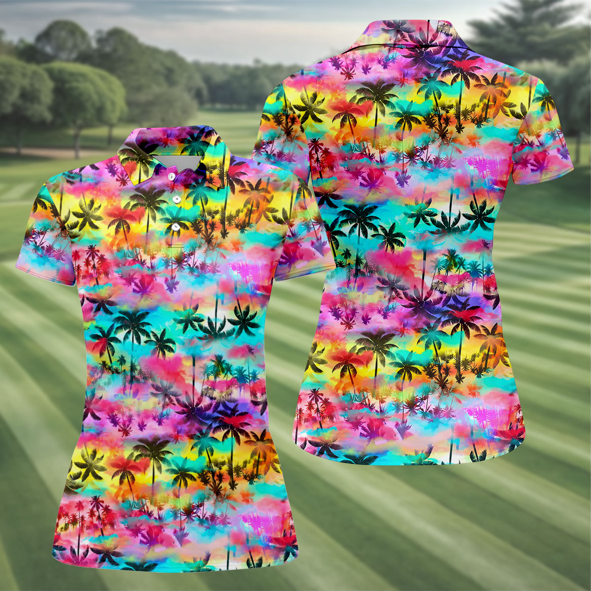 Watercolor Tropical Palm Golf Shirt, Colorful Sunset Hawaiian Polo, Polo Shirts For Women