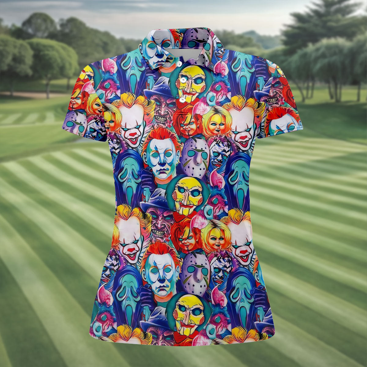 Colorful Horror Character Faces Halloween Polo Shirt, Golf Polo For Women, Ladies Golf Top