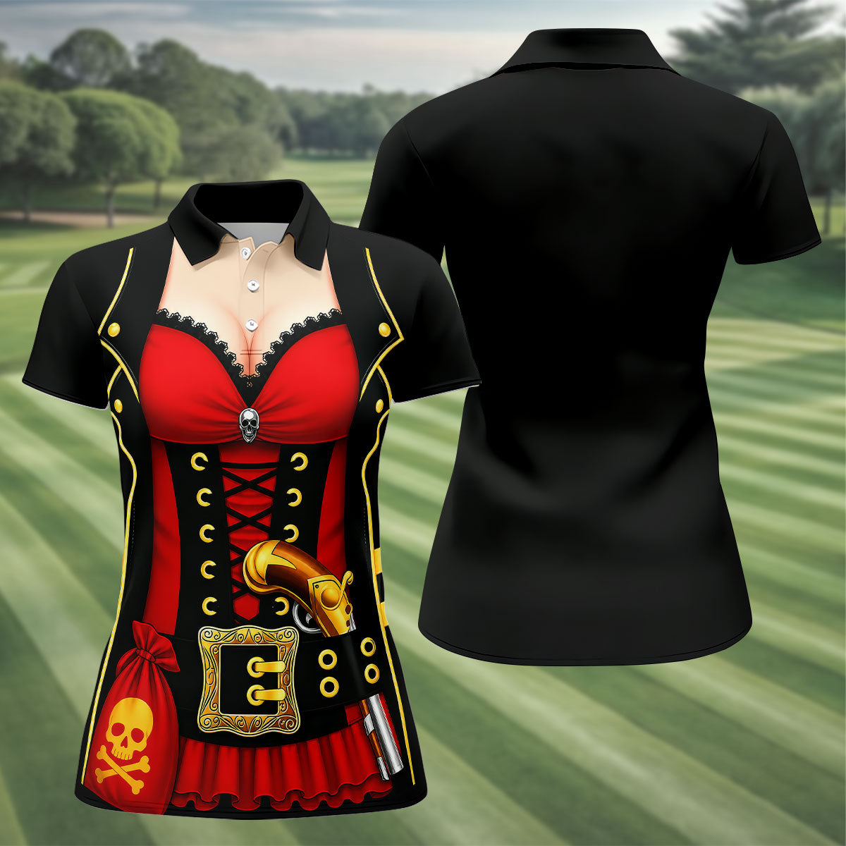 Red Corset Pirate Costume Skull Belt Golf Shirt, Women’s Golf Polo, Ladies Golf Tops, Printed Golf Shirt