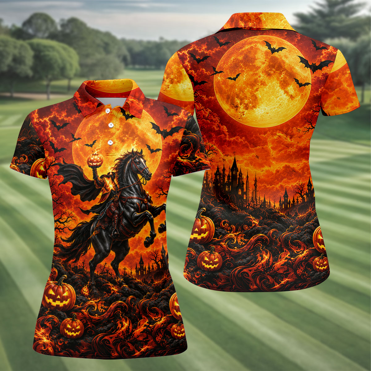 Fire Moon Rider Halloween Horror Character Polo Shirt, Golf Polo, Golf Shirts For Women