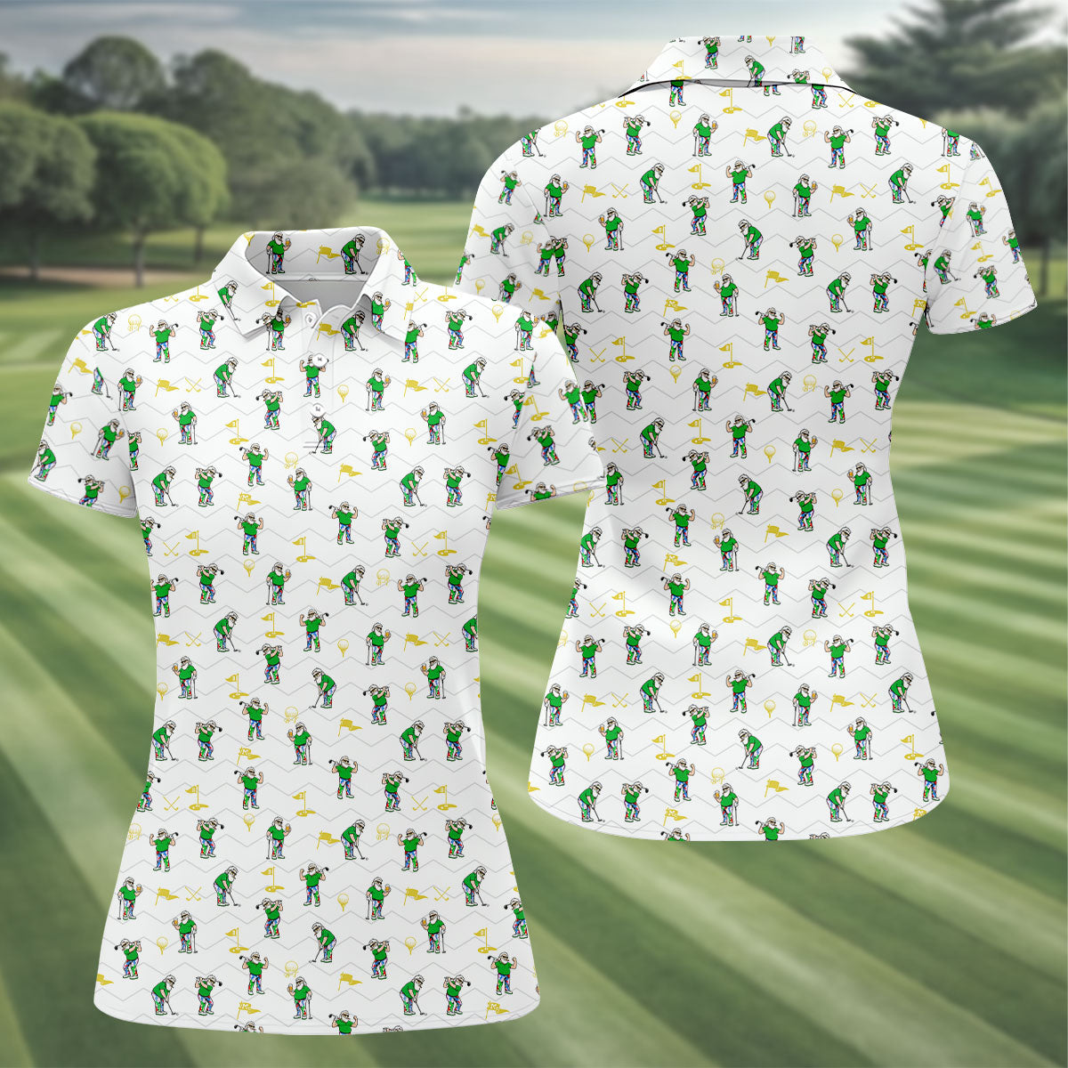 Funny Bearded Golfer Cartoon Pattern Polo Shirt, Womens Golf Tops, Golf Tops For Women