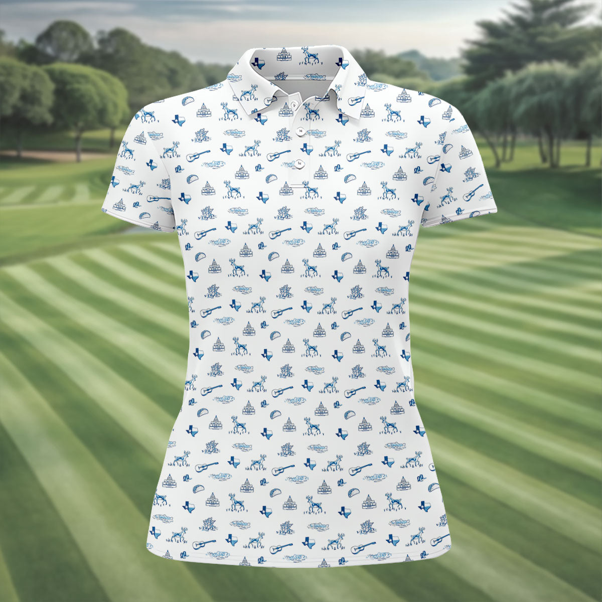 White Texas Icons Pattern Golf Polo Shirt, Hawaiian Golf Shirt, Women's Golf Apparel