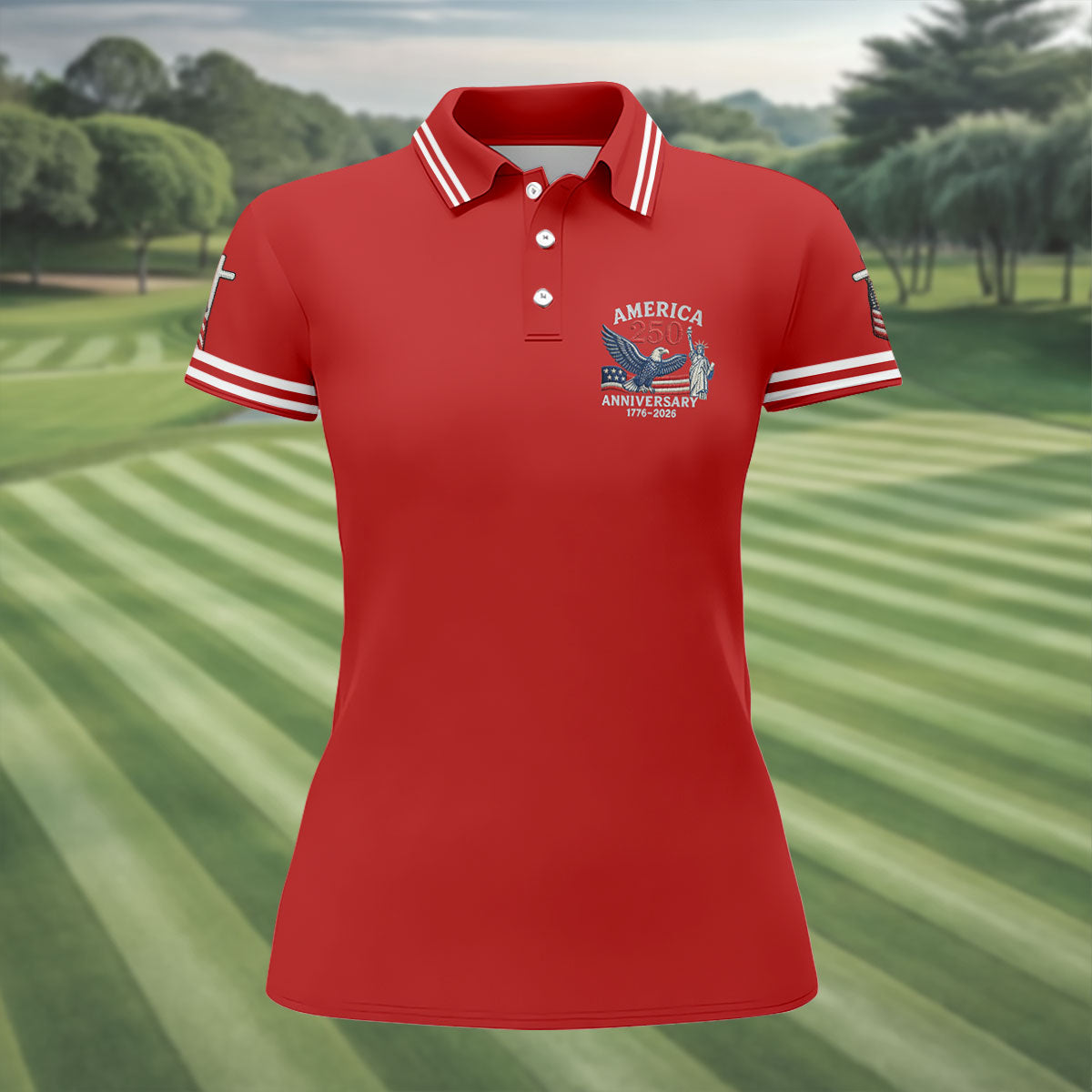 Faith Cross Bald Eagle America 250 Anniversary Red Patriotic Golf Shirt, Golf Shirt For Women