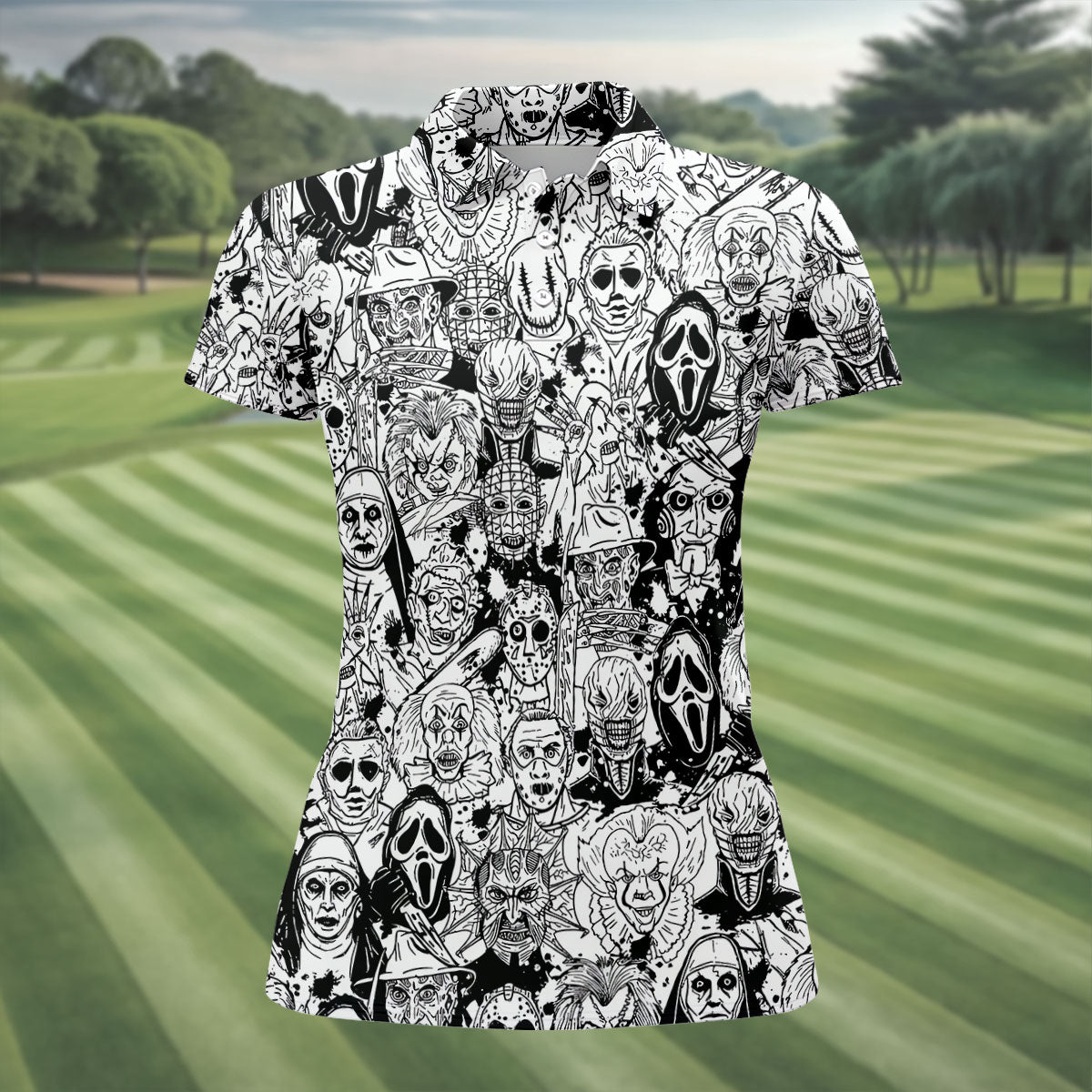 Black White Horror Character Sketch Golf Shirt, Women’s Golf Polo, Halloween Golf Shirt