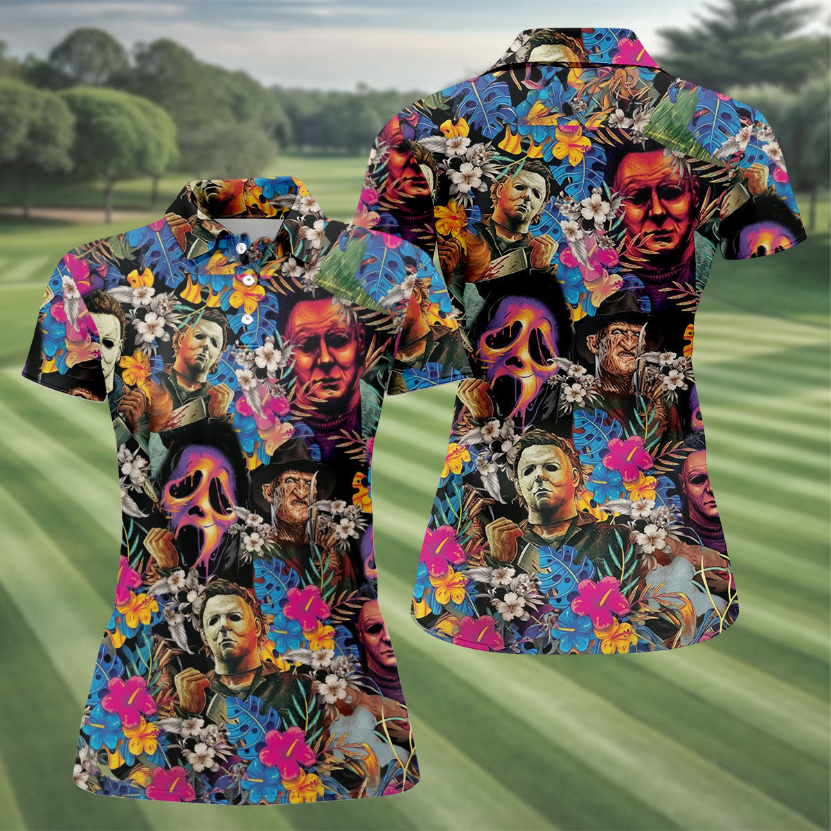 Tropical Horror Character Hawaiian Golf Shirt, Women's Golf Polo, Halloween Golf Apparel