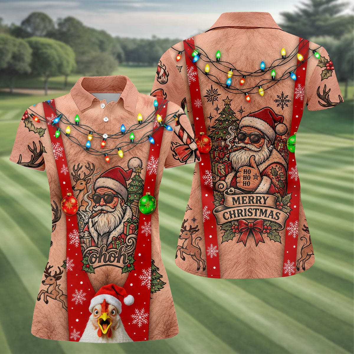 Funny Santa Suspenders Christmas Golf Polo Shirt, Women's Golf Tops, Golf Tops For Women