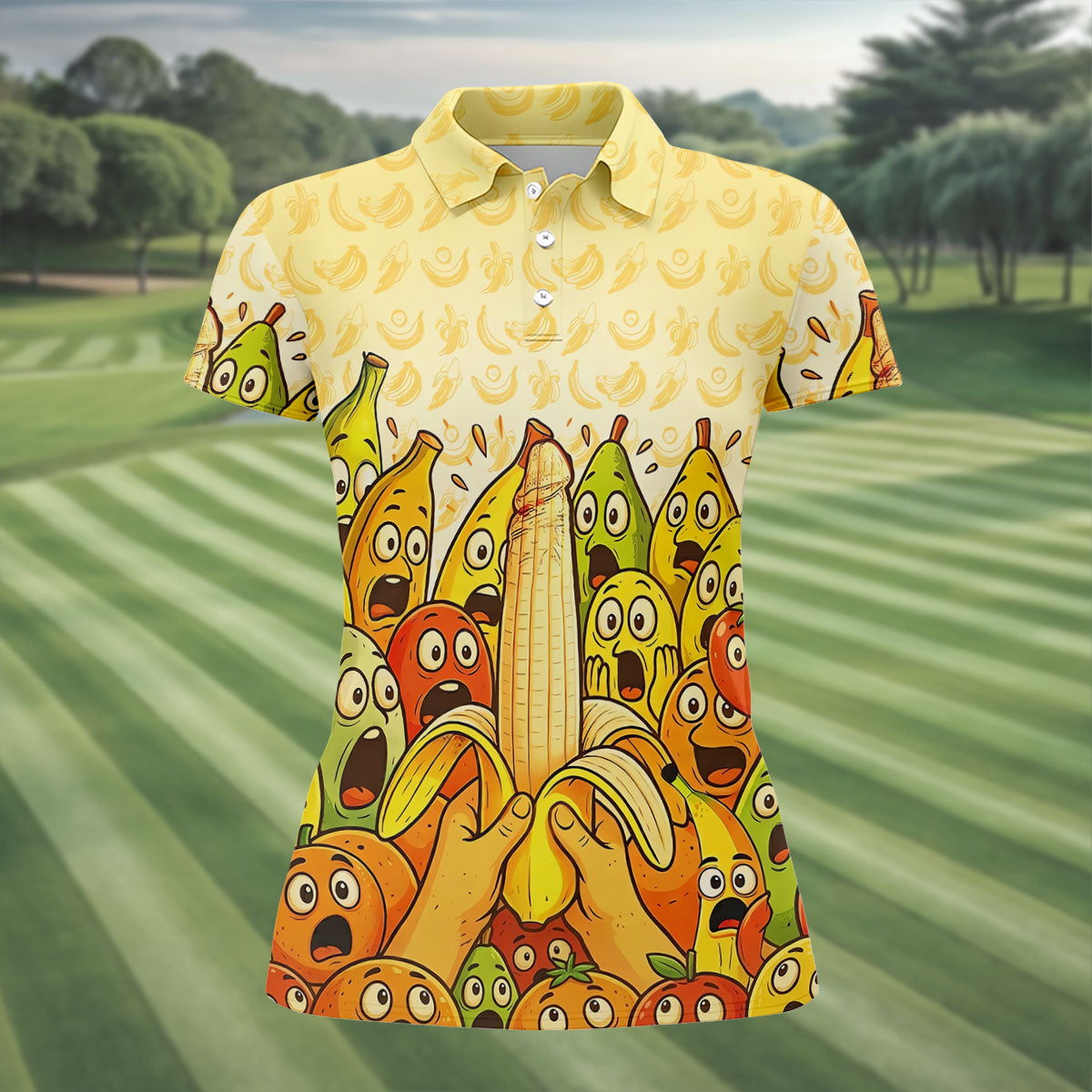 Funny Banana Fruit Cartoon Pattern Polo Shirt, Womens Golf Polo, Golf Shirts For Women