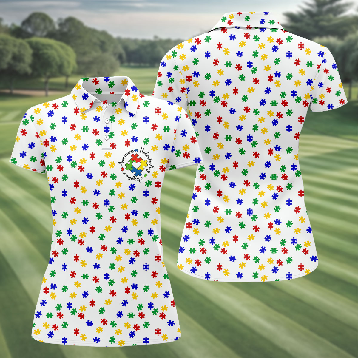 Awareness Understanding Acceptance Autism Puzzle Golf Shirt For Women, Ladies Golf Polos