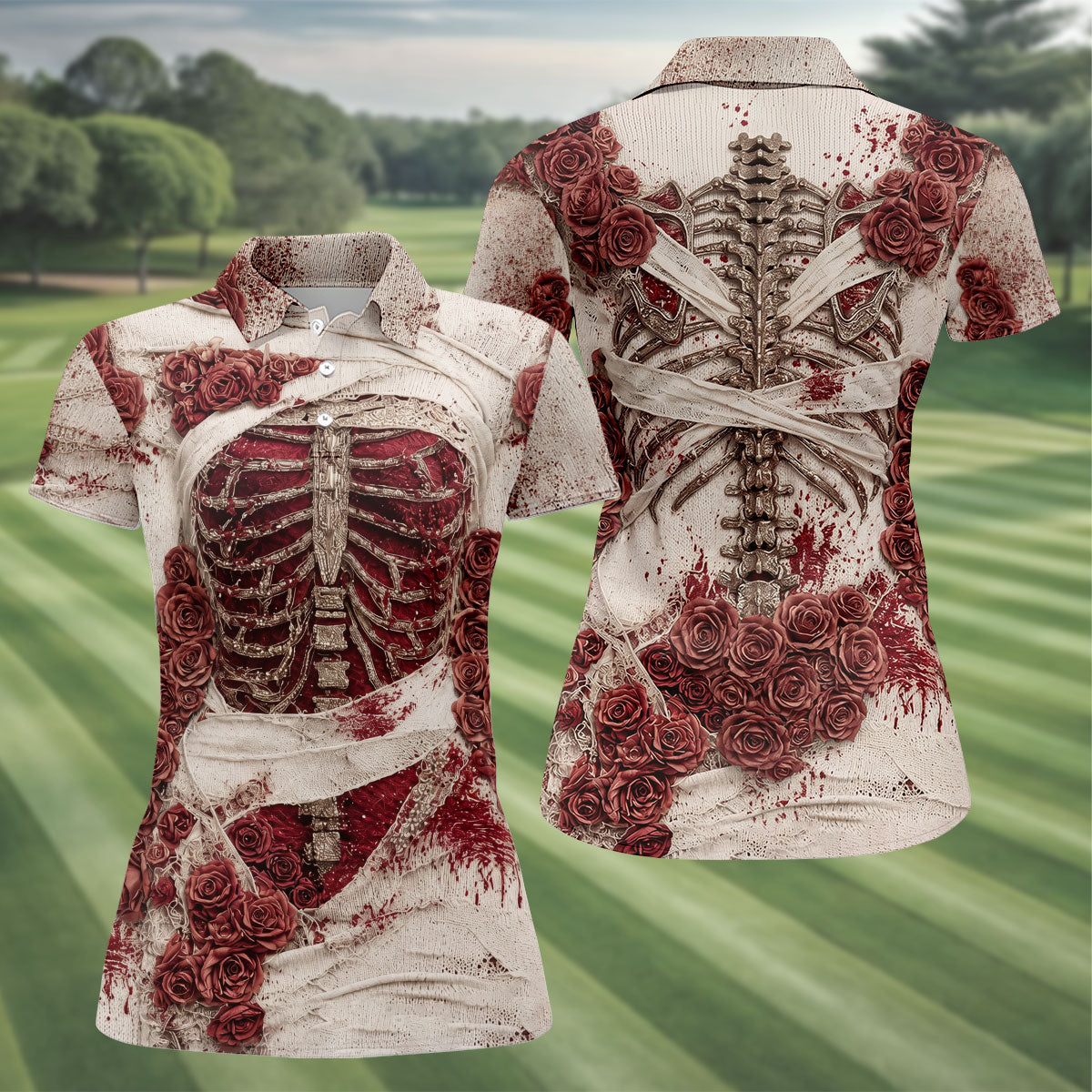 Bloody Skeleton Rose Halloween Polo Shirt, Golf Tops For Women, Women’s Golf Apparel