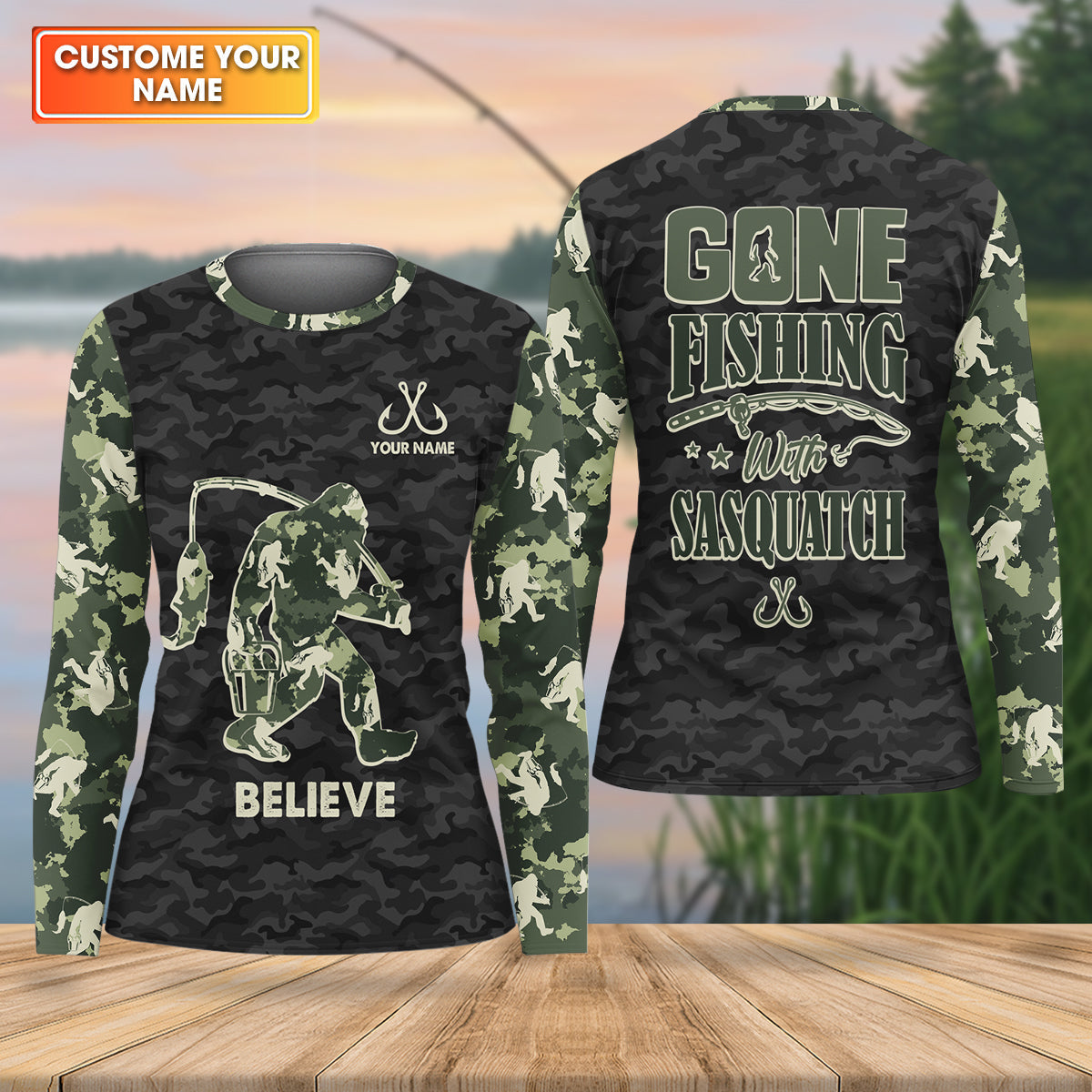 Gone Fishing With Sasquatch Camo Fishing Shirt, Fishing UPF Shirts, Fishing Shirt For Women