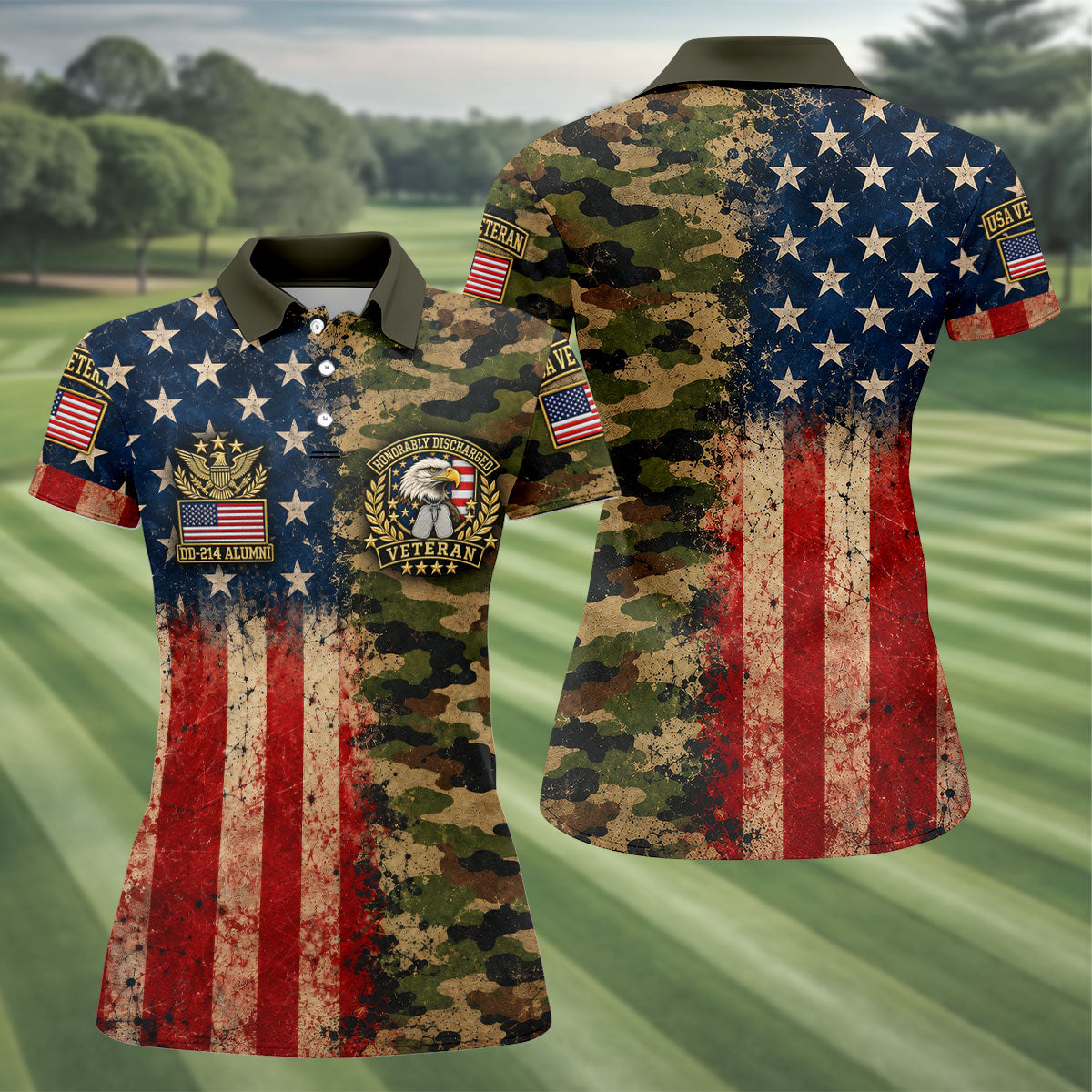 DD-214 Eagle Split USA Flag Camo Polo Shirt, Veterans Day Shirt, Golf Tops For Women