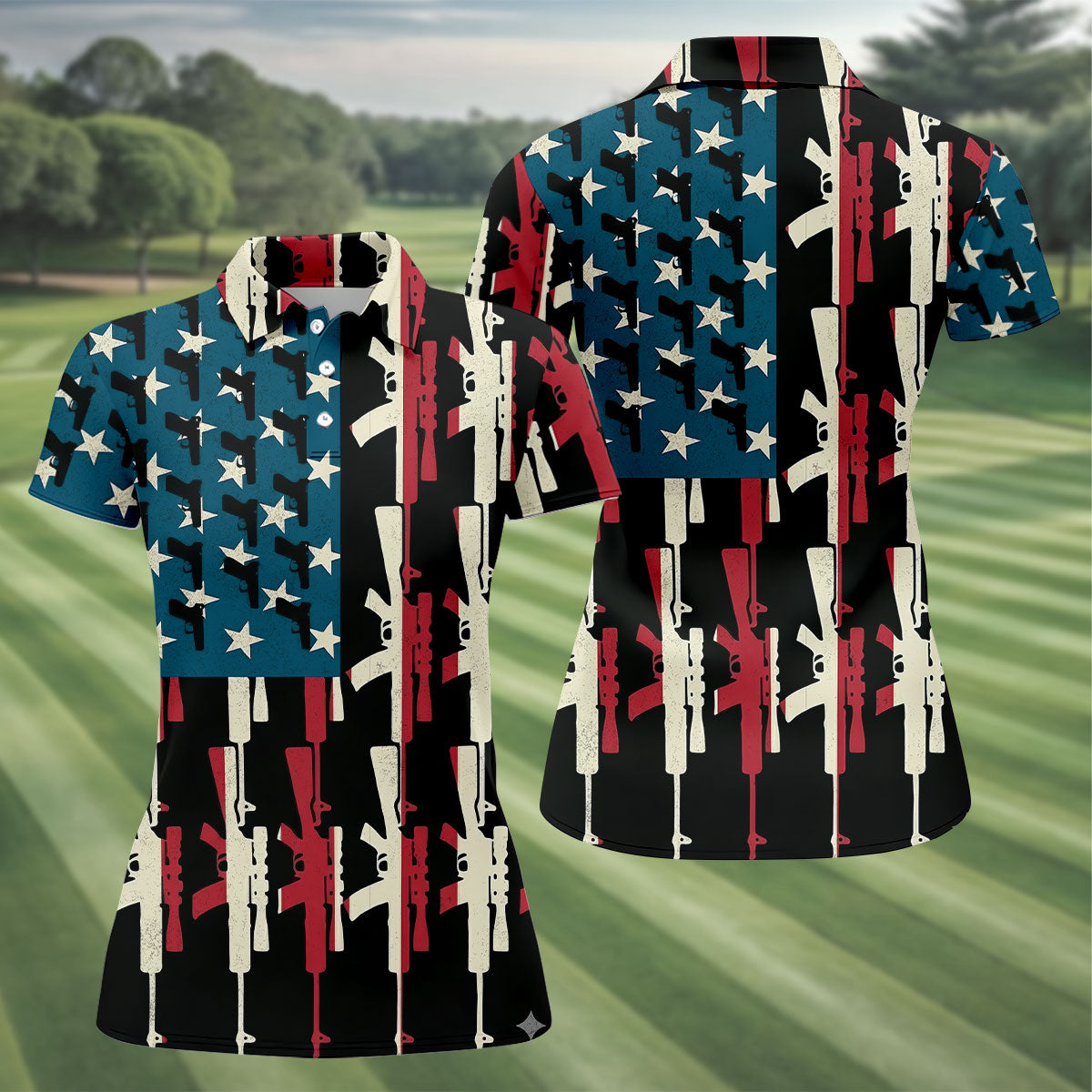 American Flag Pattern Army Theme Patriotic Golf Shirt, 250th Anniversary Ladies Golf Tops, Golf Shirt For Women