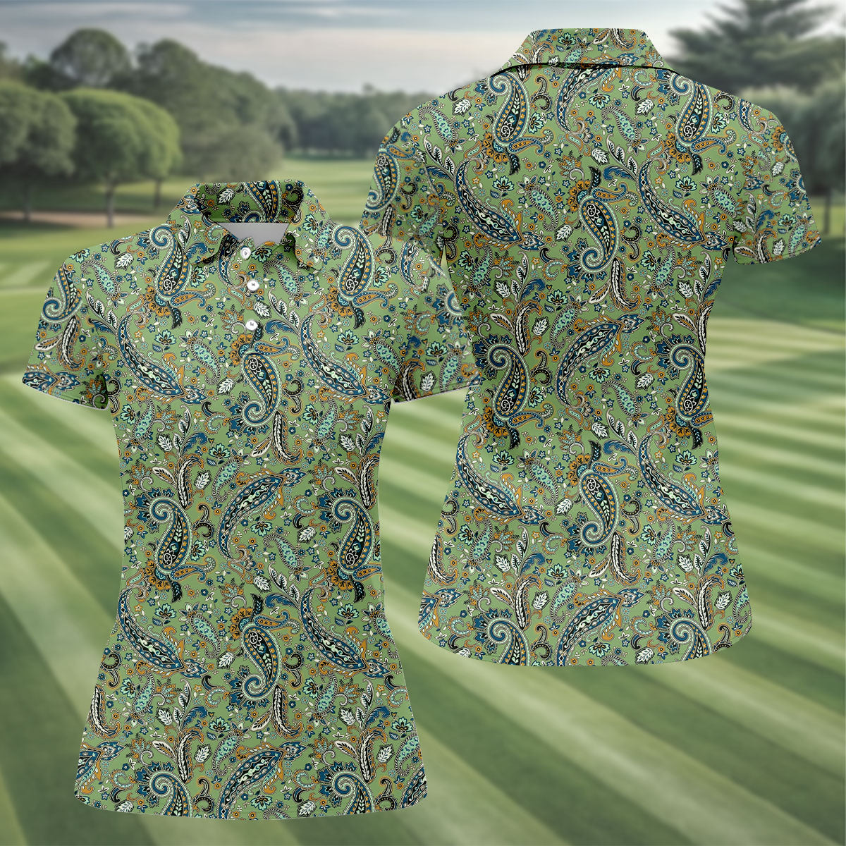 Paisley Vintage Earth Green Women's Golf Tops, Ladies Golf Polos, Golf Shirt For Women