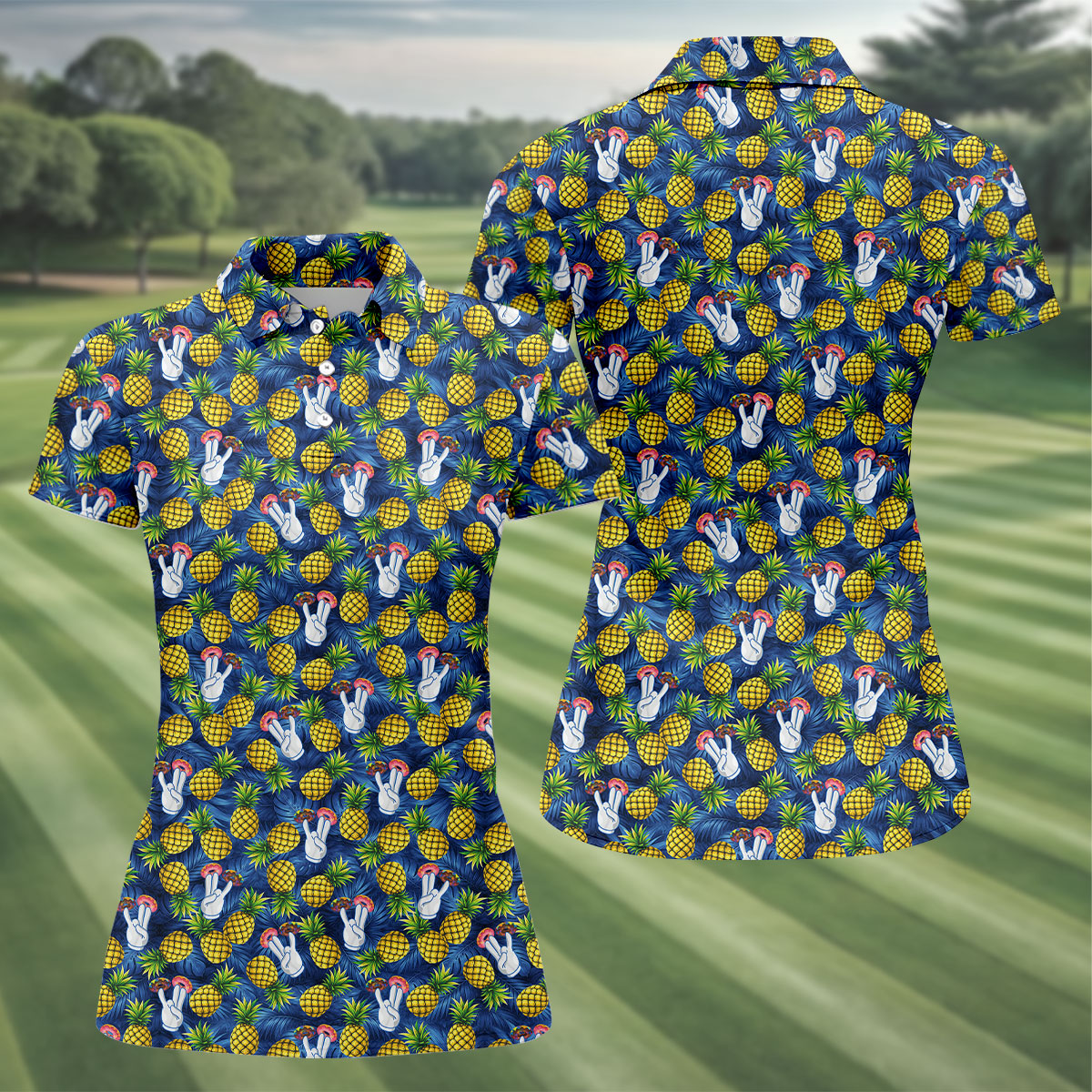 Hawaiian Pineapples Donut Finger Blue Green Yellow Fun Women's Golf Shirts, Women's Golf Tops, Ladies Golf Shirts