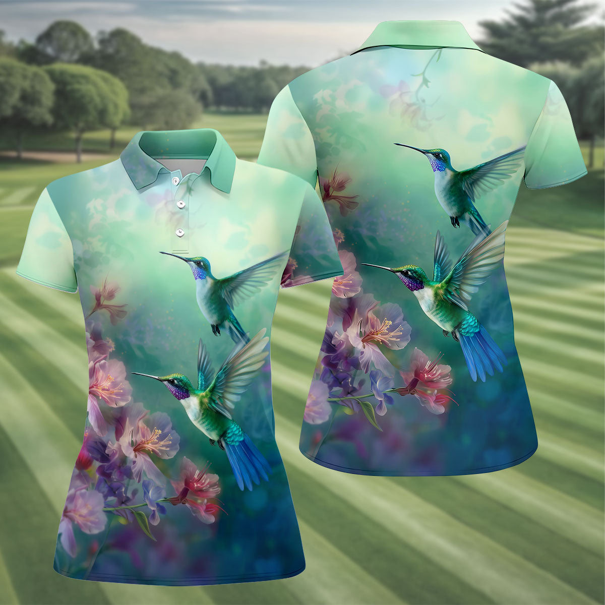 Hummingbird And Floral Garden Polo Shirt, Womens Golf Tops, Golf Shirts For Women