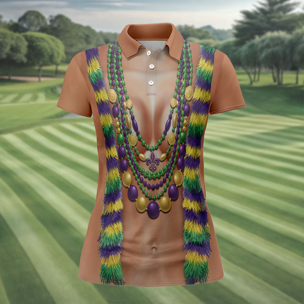 Funny 3D Print Mardi Gras Fleur De Lis Skin Color Women's Golf Tops, Fun Women's Golf Shirts, Ladies Golf Polos
