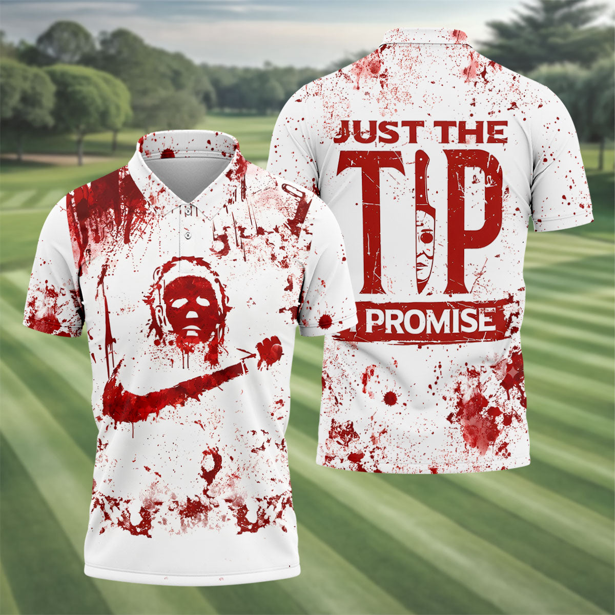 Just The Tip I Promise Halloween Horror Polo Shirt, Mens Golf Polo, Mens Golf Shirts