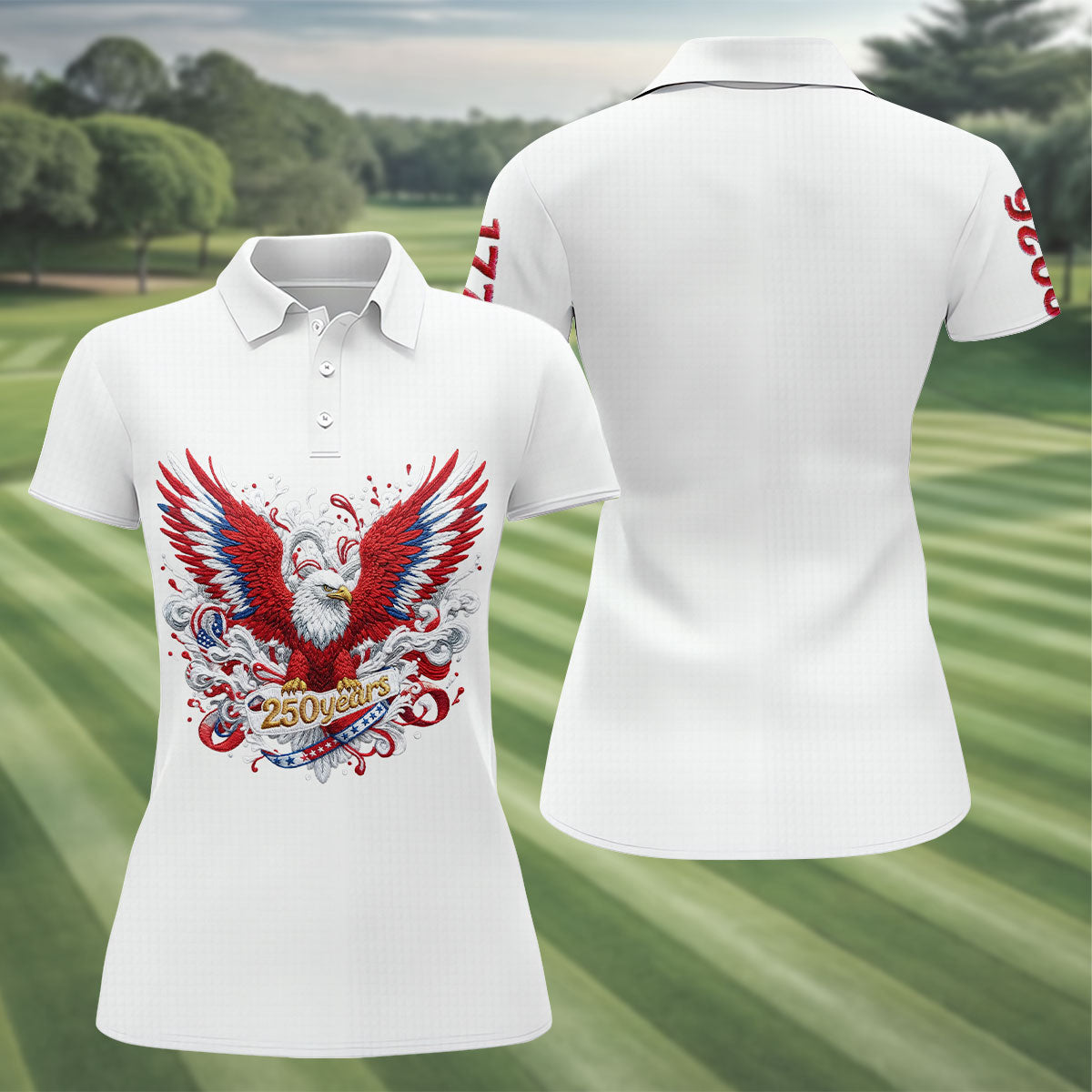 US Bald Eagle Embroidery Effect Patriotic Golf Shirt, 4th Of July Golf Shirt, 250th Anniversary Women Golf Top