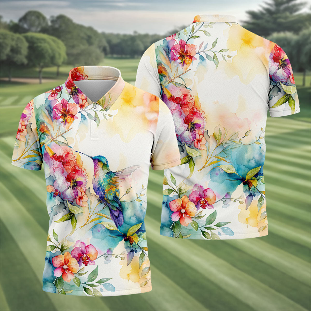 Watercolor Hummingbird Floral Polo Shirt, Men's Golf Shirt, Golf Apparel For Men