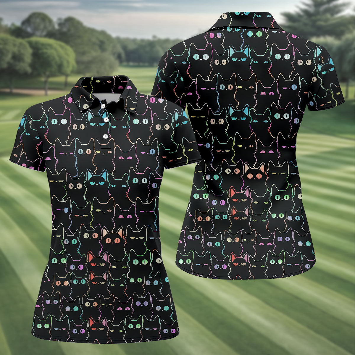 Neon Cat Funny Golf Shirt, Cute Golf Outfit, Women's Golf Tops, Ladies Golf Shirts, Women's Polo Shirt