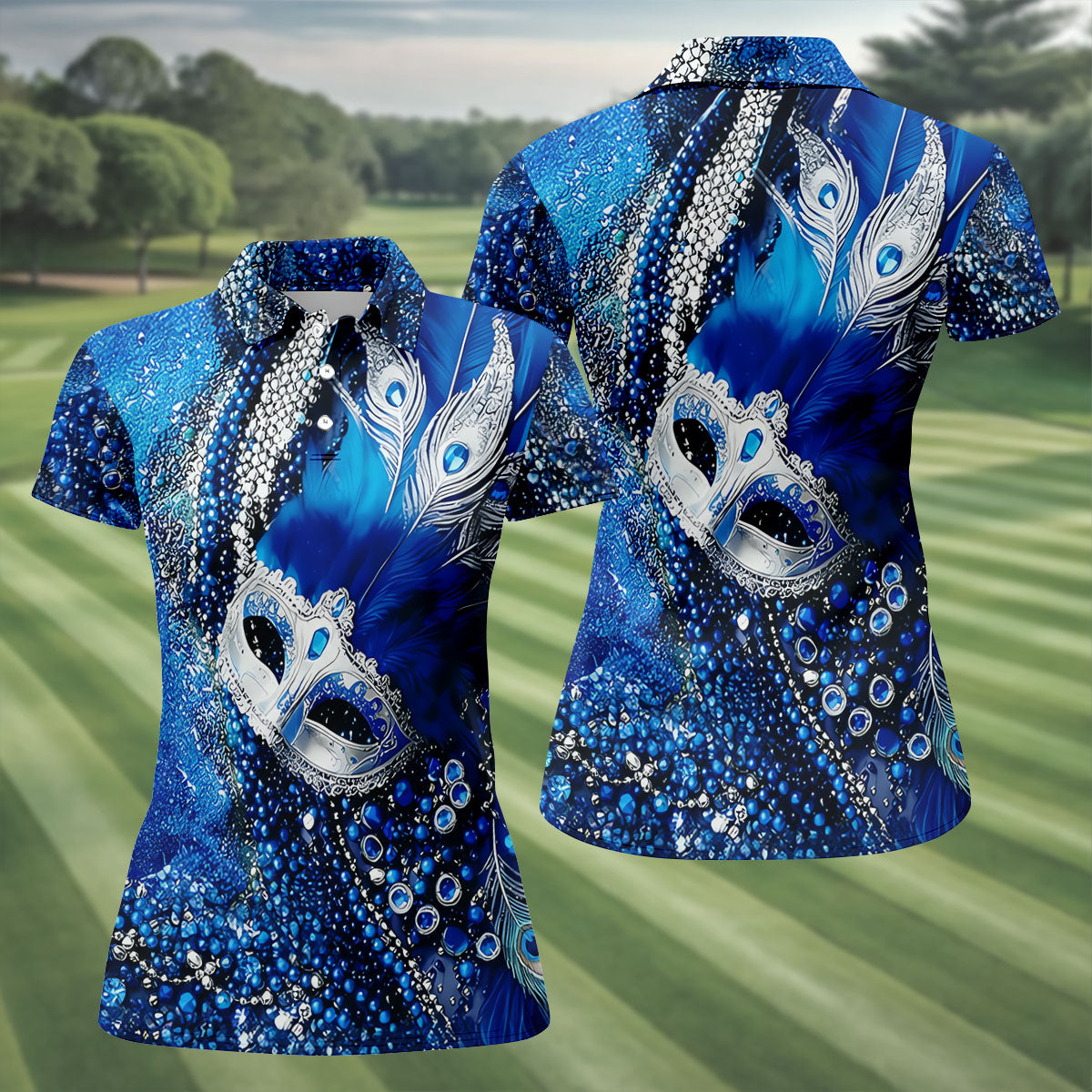 Mardi Gras Masquerade Mask Feather Beads Blue Golf Shirt, Women's Golf Tops, Ladies Golf Polos
