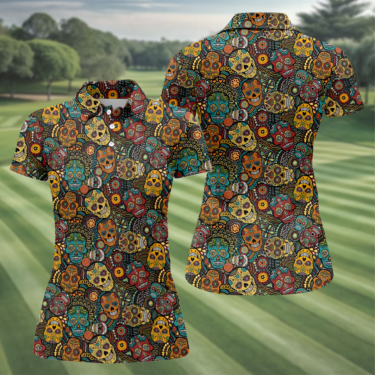 Colorful Sugar Skull Halloween Polo Shirt, Golf Shirts For Women, Women’s Golf Apparel