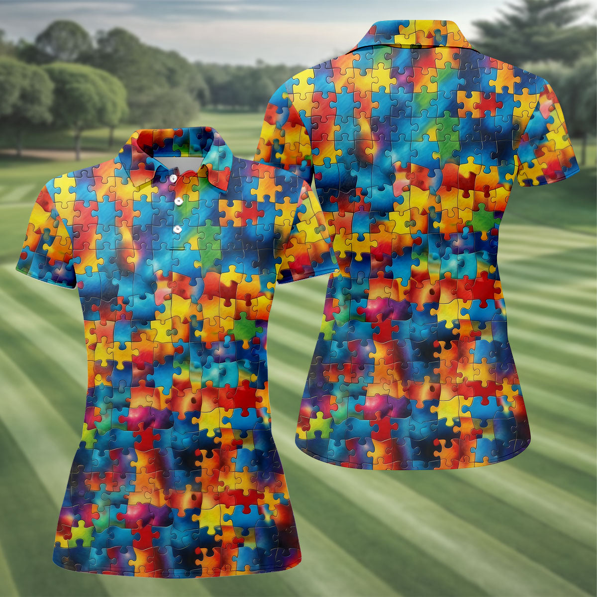 Autism Awareness Rainbow Gradient Puzzle Pattern Women's Golf Tops, Golf Shirt For Women, Ladies Golf Polos
