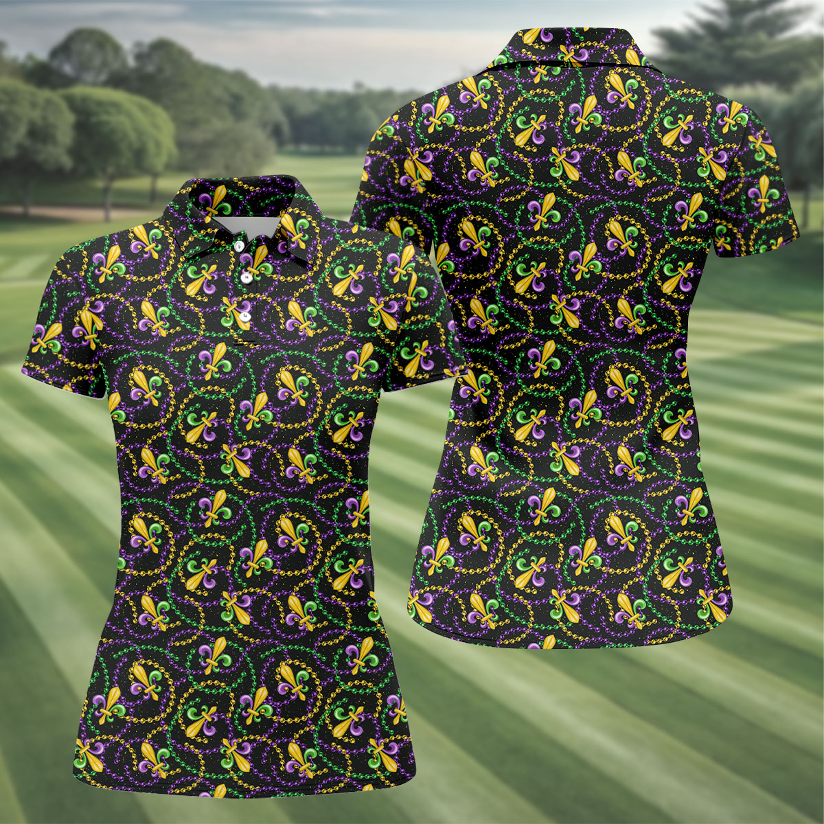 Mardi Gras Beads Purple Green Gold Fleur De Lis Women's Golf Tops, Ladies Golf Polos, Golf Shirt For Women