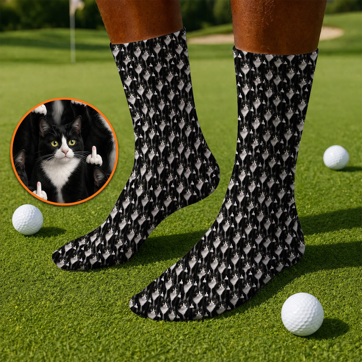 Funny Tuxedo Cat Golf Socks, Black White Cat Pattern Golf Sock, Crazy Cat Dad Golf Apparel