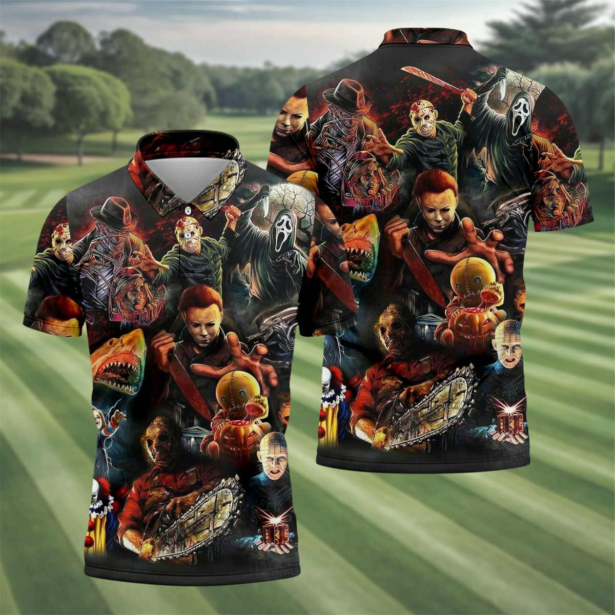 Halloween Horror Character Collage Golf Shirt, Men's Golf Shirt, Hawaiian Golf Shirt