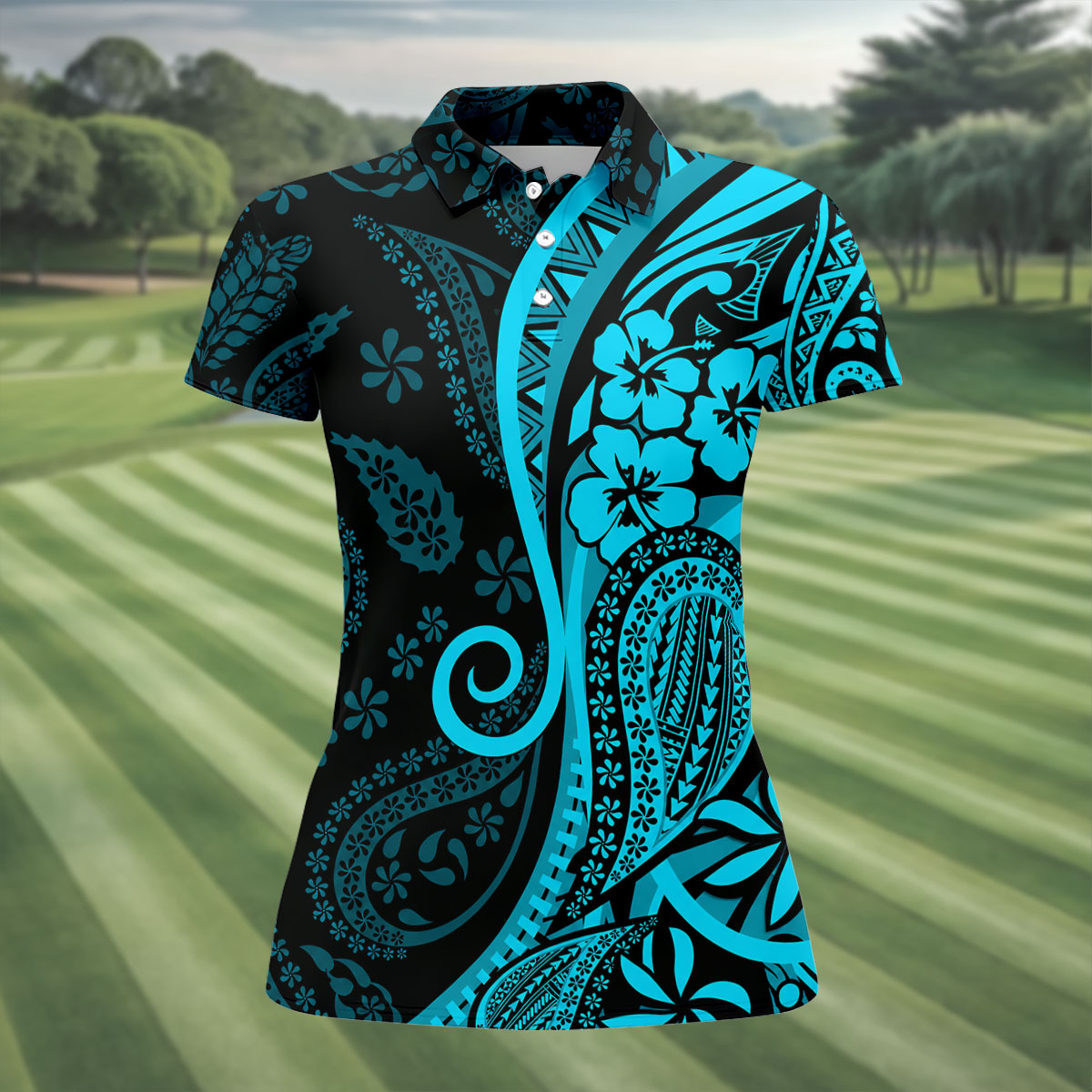 Island Tribal Golf Shirt, Blue Hawaiian Hibiscus Polo, Polo Shirts For Women