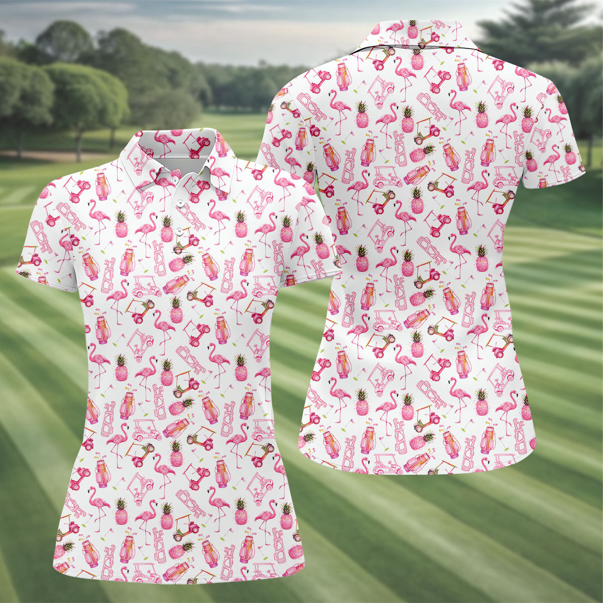 Funny Flamingo Pink Pineapple Tropical Vibe Ladies Golf Shirts, Golf Shirt For Women, Golfing Apparel